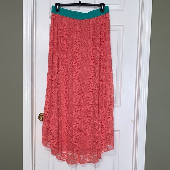 LulaRoe XL Lucy Coral Skirt With Teal Waistband NWT - Picture 3 of 5
